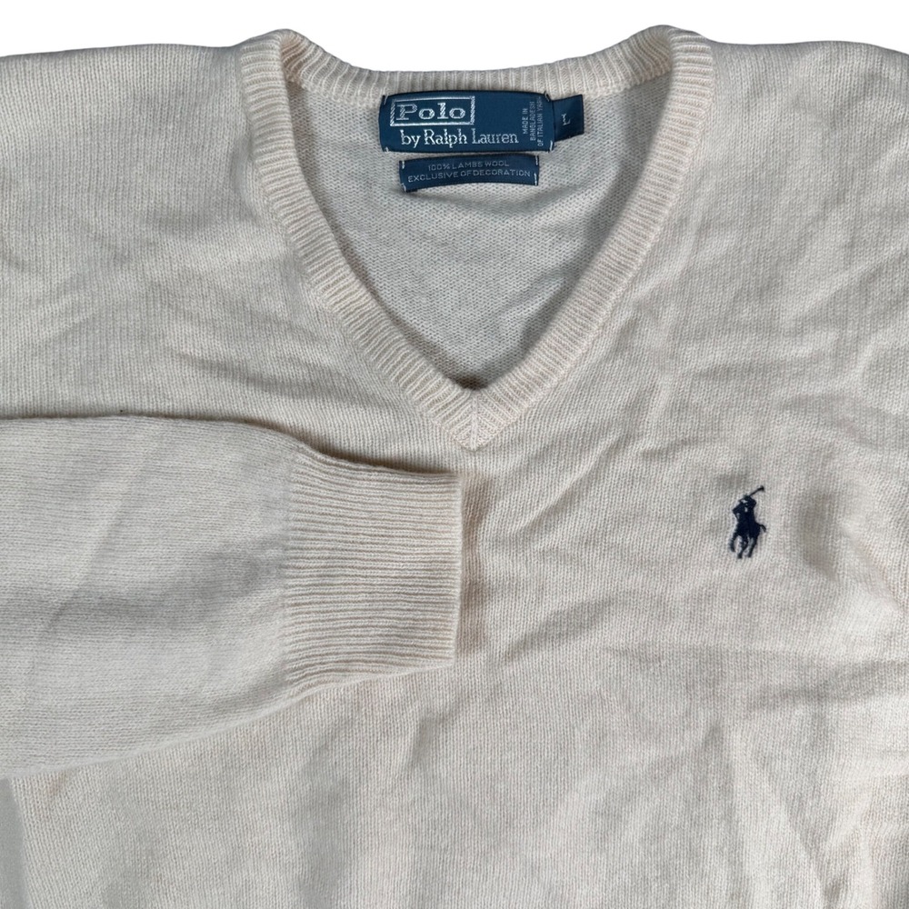 Vintage Polo Ralph Lauren 100% Lambs Wool V-Neck Sweater Mens L Cream Pullover